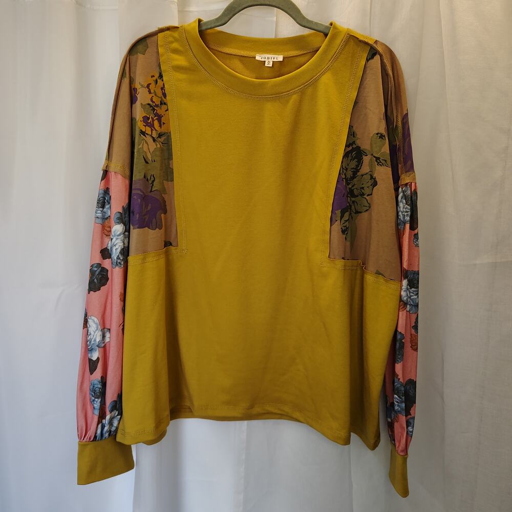 Jodifl XL Mustard Floral Colorblock Balloon Sleeve Boho Top Boutique